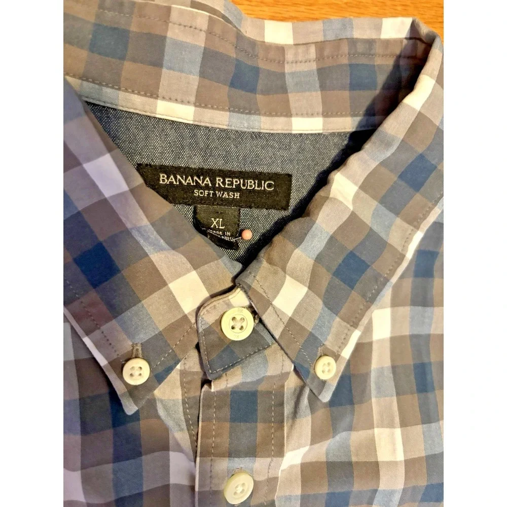 Banana Republic Men's Button-Down Shirt XL Cotton Blue/Gray Plaid Classic Casual